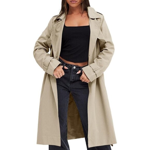 Jackets & Blazers - Women's Khaki Double-Breasted Trench Coat, Casual Windproof Overcoat with Belt